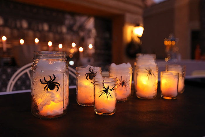 LED lights in jar with spiders