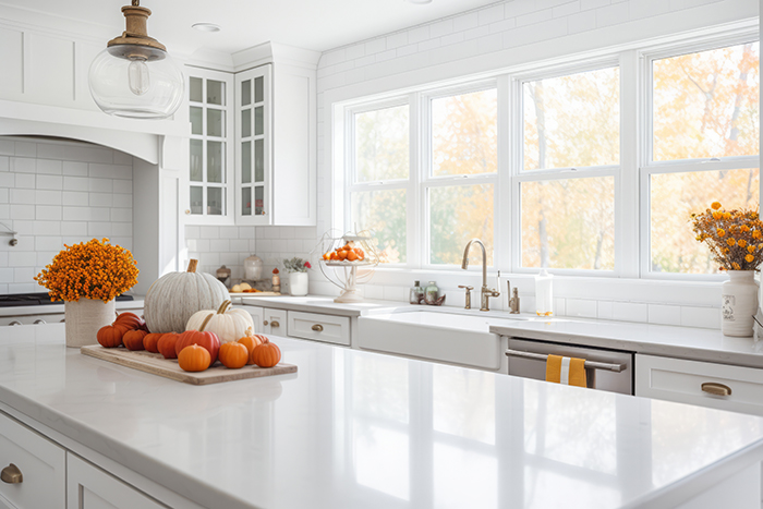 White kitchen with orange Halloween elements