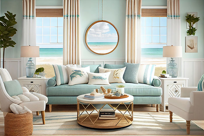 White and blue turquoise living room with coastal look