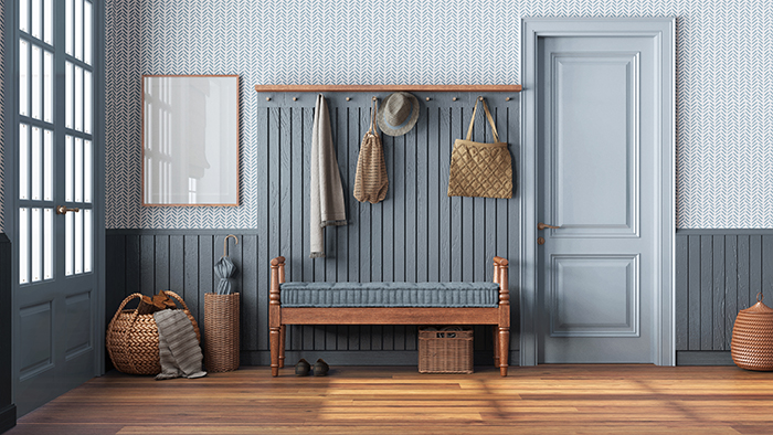 Entryway furniture with built-in rack