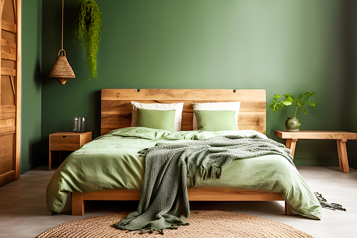 Green bedroom with wood elements