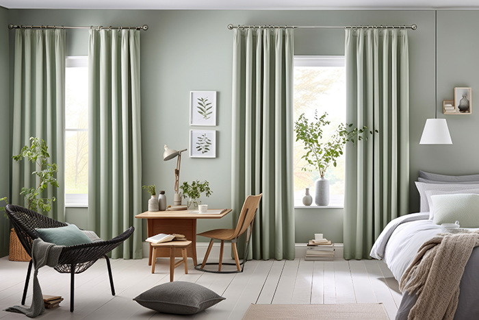 Bedroom with green curtains