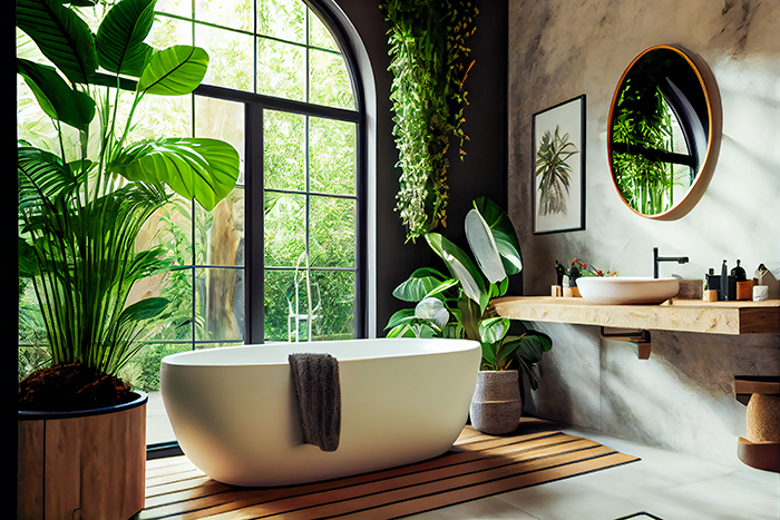 Freestanding bathtub with plants