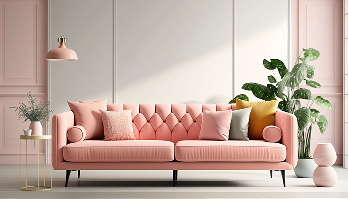 Living room with pink couch